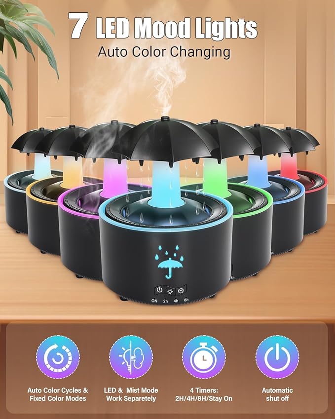 Aesthetic 2-in-1 Humidifier Oil Diffuser with Rotating Raindrop & 7 LED Mood Lights,Cool Mist Humidifier Quiet Variable Mist for up to 24 Hrs,Easy to Fill & Clean, Auto Shut-Off - Bloomnest