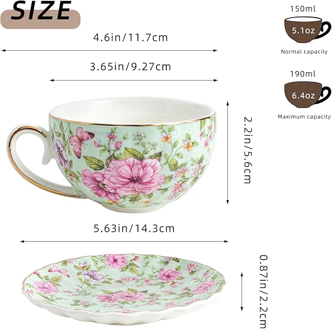 Tea Cup and Saucers, 6.4oz Floral Tea Cups with Gold Trim, Porcelain Teacup, Coffee Cappuccino Espresso Latte Mugs for Party Birthday,Party Cafe Home, Christmas Gift (Green) - Bloomnest
