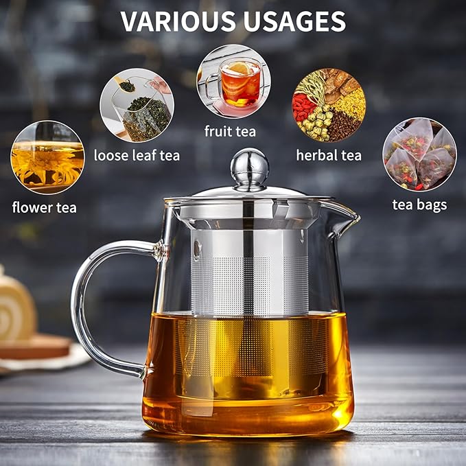 Glass Tea Pot 950ML, Borosilicate Glass Tea Kettle with Detachable Stainless Steel Infuser, Clear Teapot for Loose Leaf Tea, Blooming Tea, Tea bags 32oz - Bloomnest
