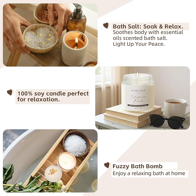 Natural Amor Handmade Spa Gift Set 6 pcs– Includes Citrus Bath Bomb, Lavender Hand Cream, Soap, Bath Salt, Candle – Relaxing Self-Care Kit for Women - Bloomnest