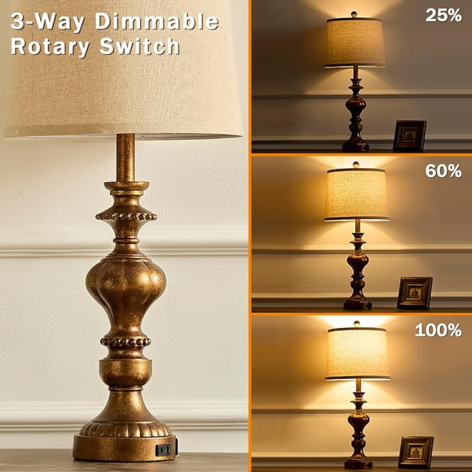 27.5" Farmhouse Table Lamps Set of 2 Bedside Nightstand Lamp with USB C+A Ports & AC Outlet, 3 Way Dimmable Touch Lamps for Bedroom Living Room Office Rustic Lamp (Rotary Switch-Copper) - Bloomnest
