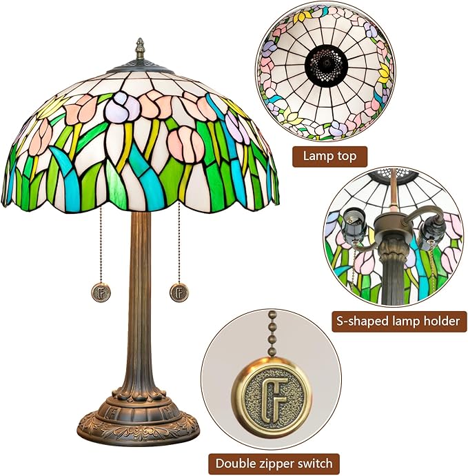 Tiffany Lamp Pink Yellow Tulips Stained Glass Table Lamp 16 inch Large Desk Light Antique Beside Reading Lamp for Home Living Room Bedroom Office - Bloomnest