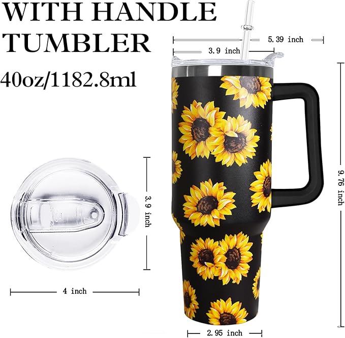 Ceovfoi Sunflower 40 oz Insulated Stainless Steel Tumbler with Handle and Straw - Bloomnest