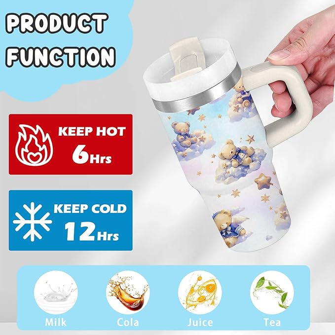 Bear Gifts - 14 Oz Cartoon Kids Tumbler with Handle and Straw, Stainless Steel Insulated Water Bottle,for Boys Girls, School, Travel - Cute Bear Themed Children Birthday Gift Cup(1pc) - Bloomnest