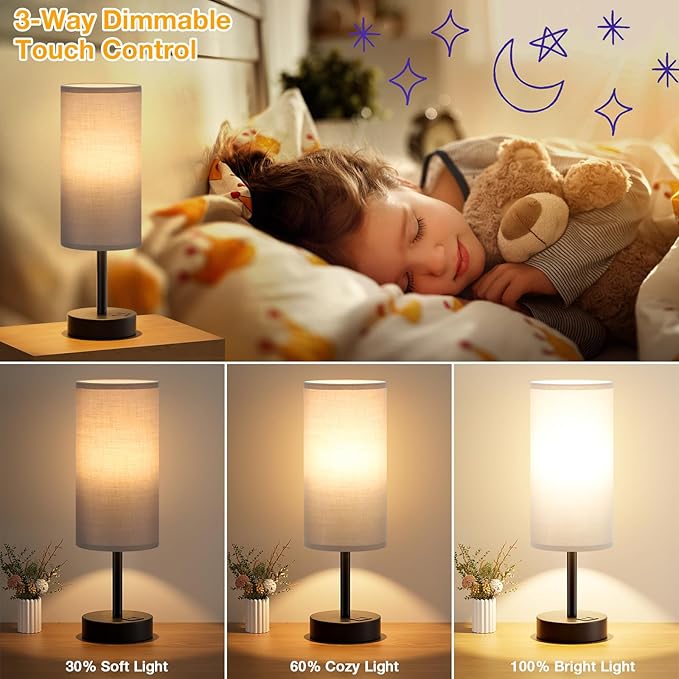 Dicoool Grey Touch Bedside Lamp with USB - 3 Way Dimmable Table Lamp for Bedroom, Nightstand Lamp with Black Charging Station for Desk Dorm, Office, Boy Kids Room, Small - Bloomnest