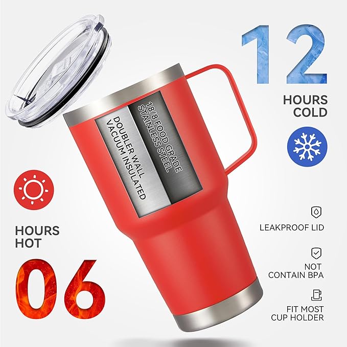 30 oz Tumbler with Handle and Lid, Stainless Steel Tumblers Bulk Double Wall Vacuum Insulated Travel Mug Leak Proof Cup Keep Drinks Cold and Hot Red, 12 Pack - Bloomnest