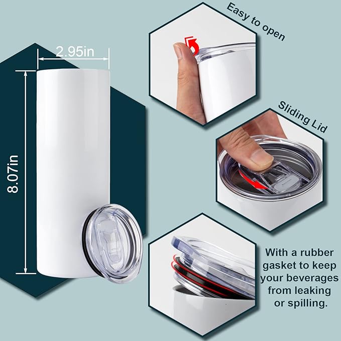 12 Pack 20 oz Sublimation Tumbler Set Double Walled Stainless Steel Skinny Straight Blank Tumbler Sublimation Cup with Lid, Straw, Shrink Wrap, Rubber Base for Heat Transfer Heat Press - Bloomnest