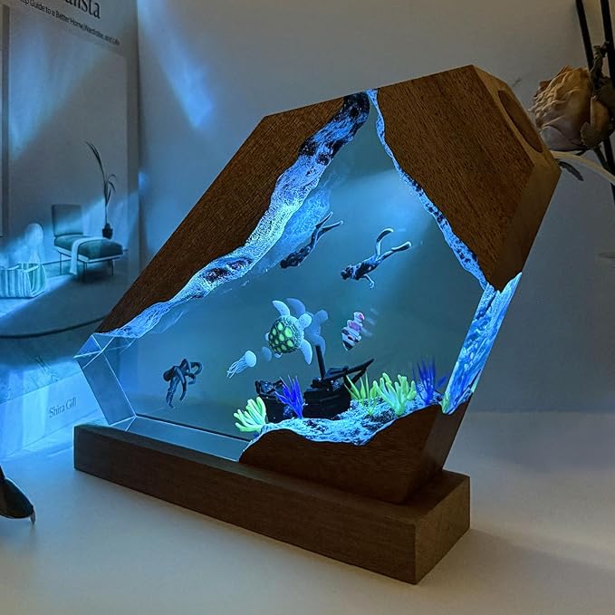 Octopus Ocean Resin Lamp, Handmade Wooden Table Resin Night Light, USB Port Art Ornaments for Home Office Decor, Scuba Diver Gifts for Birthday Holiday, Valentine's Day Gifts for Husband - Bloomnest