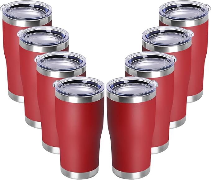 DOMICARE 20oz Tumbler with Lid Stainless Steel Tumblers Bulk, Double Wall Vacuum Insulated Coffee Travel Mug Powder Coated Tumbler,8 Count (Pack of 1) Red - Bloomnest