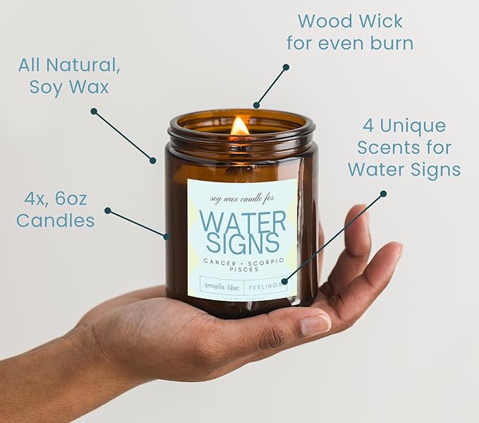 Pisces, Cancer, Scorpio Gifts for Women - 4Pack Wood Wick Candles, 6oz Small Candles Set for Women. Zodiac Astrology Birthday Spiritual Gifts, Natural Soy Wax - Bloomnest