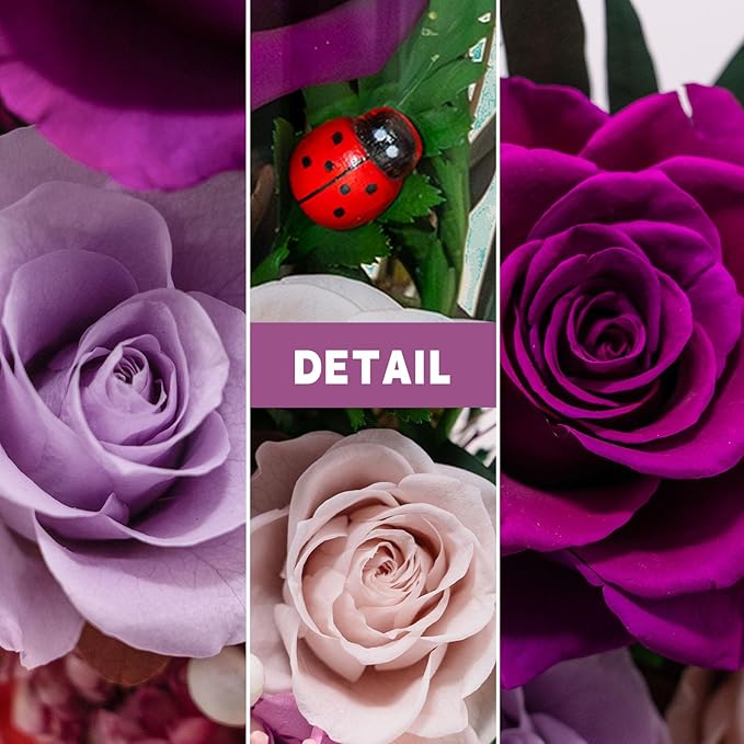Forever Flowers with Symbolic Ladybugs: Preserved Flowers Gift for Women-Romantic Table Centerpiece-Valentines, Anniversary, Mothers Gifts for Her-Flowers for Delivery Prime (Purple) - Bloomnest