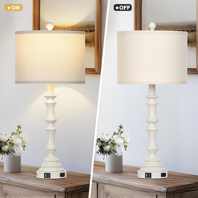 27.5" Tall Table Lamp for Living Room Set of 2, Vintage Farmhouse Table Lamps with USB C+A Ports, 3-Way Dimmable Touch Bedside Lamps, Tradition Bedroom Lamps for Nightstand Side End Table Desk, White - Bloomnest