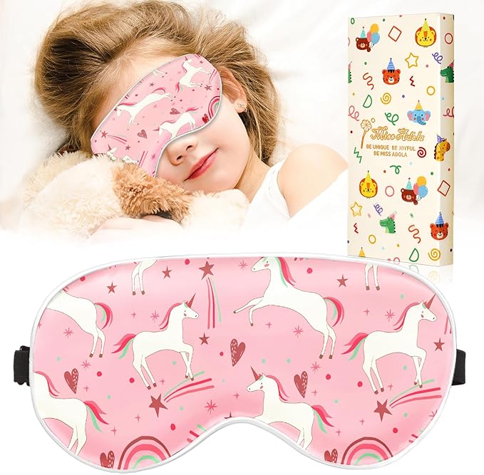 Sleep Mask for Kids - Cute Kawaii Cartoon Silk Sleeping Mask with Adjustable Strap Soft Smooth Light Eye Mask for Sleeping Silk Kids Eye Cover for Boys Girls Teens, PK Heart Unicorn - Bloomnest