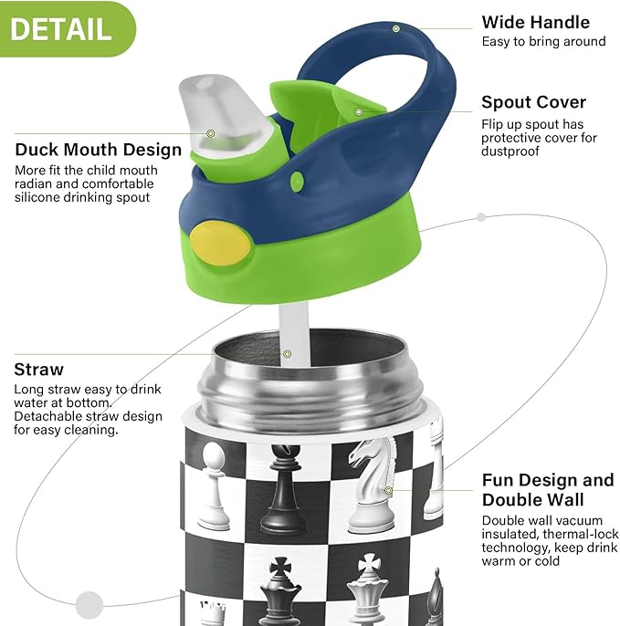 Black White Buffalo Plaid Chess Kids Water Bottle with Straw Lid Insulated Tumbler with Handle Stainless Steel Reusable Toddlers Cup for Kids Boys 12 oz - Bloomnest