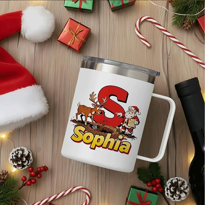 JugJug Personalized Christmas Mug with Initial & Name - Funny Treasure Hunt Santa 12oz Insulated Coffee Cup with Lid - Xmas Gifts for Boys, Kids (B155) - Bloomnest