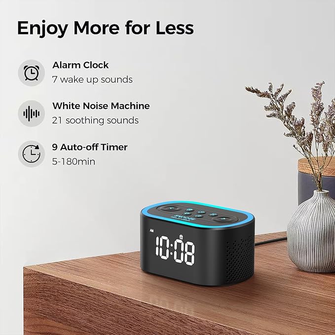 Reacher Digital Alarm Clock & White Noise Sound Machine, 21 Soothing Sounds, 7 Wake Up Sounds, 8 Night Lights, 32-Level Volume, 9 Sleep Timer, Memory Function for Adult, Kid, Bedside, Bedroom - Bloomnest