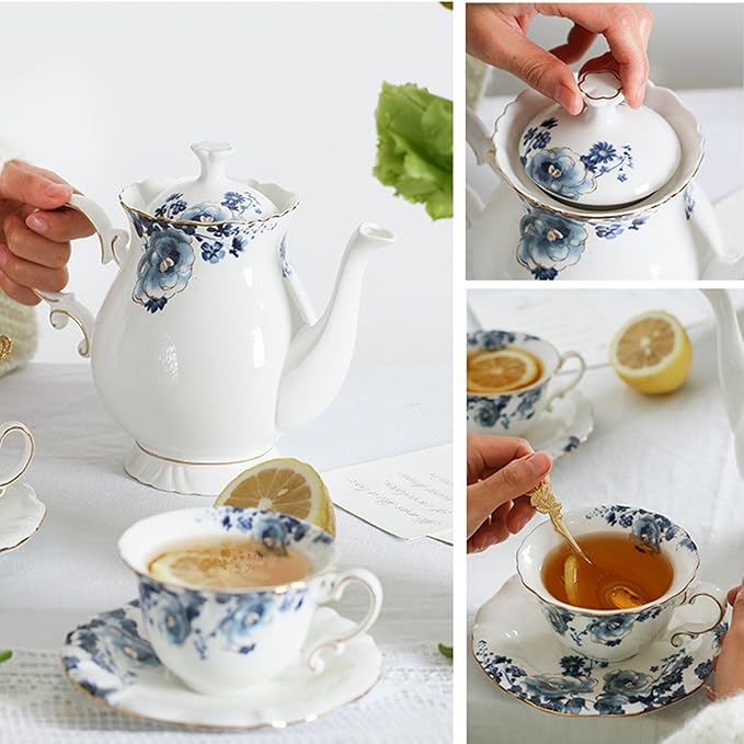 Bone China Tea Set for Adults, 13-Piece Blue and White Porcelain Tea Set for 4, Vintage Floral Tea Set With Teapot and Teaspoons, Tea Party Sets for Women Gift (Blue) - Bloomnest