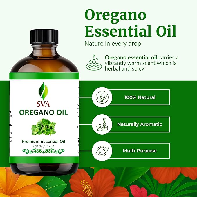 SVA Oregano Essential Oil – 4 Fl Oz – 100% Natural Oregano Oil - for Diffuser, Hair Care, Face, Skin Care, Aromatherapy, Scalp and Body Massage, Soap and Candle Making – with Dropper - Bloomnest