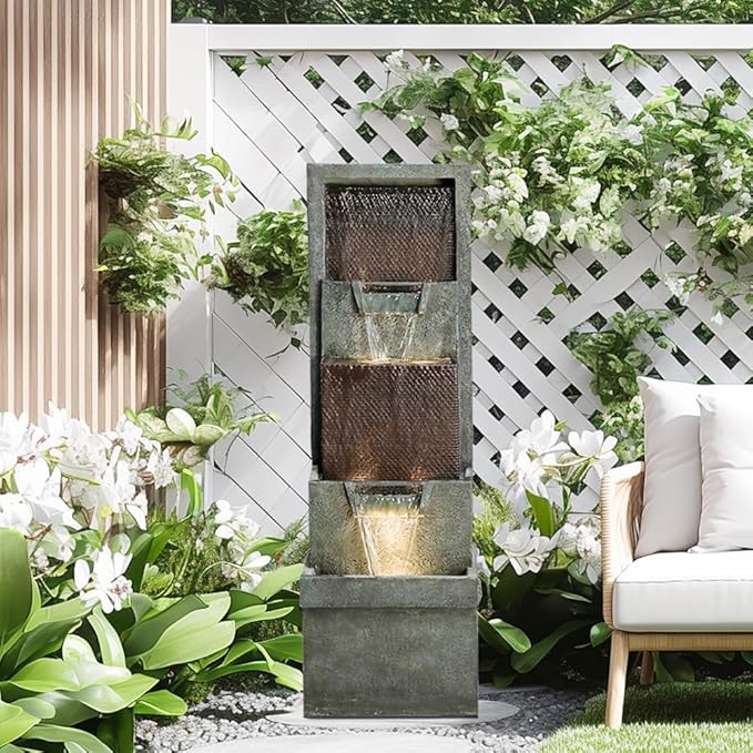 39.3”H Outdoor Garden Waterfall Fountain-Indoor Water Fountain with LED Lights, for Gardens, Landscaping, Patios, Balconies, Office,and Lawns for a Calming Oasis in Outdoor Living Art Decor