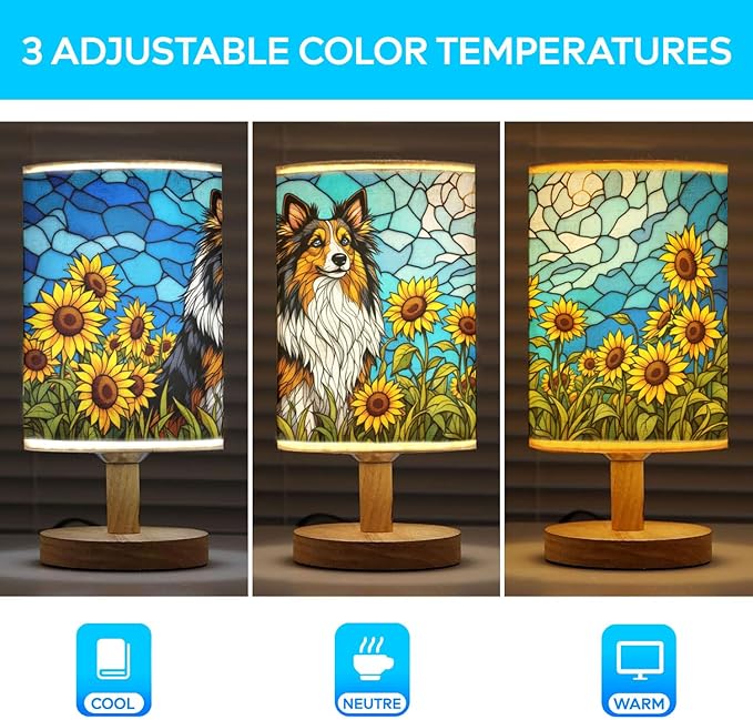 Shetland Sheepdog Table Lamp LED 3-Color Pressed Bedside, Dog Shade Lamp with Wood Base for Bedroom Living Room Desk Office - Bloomnest