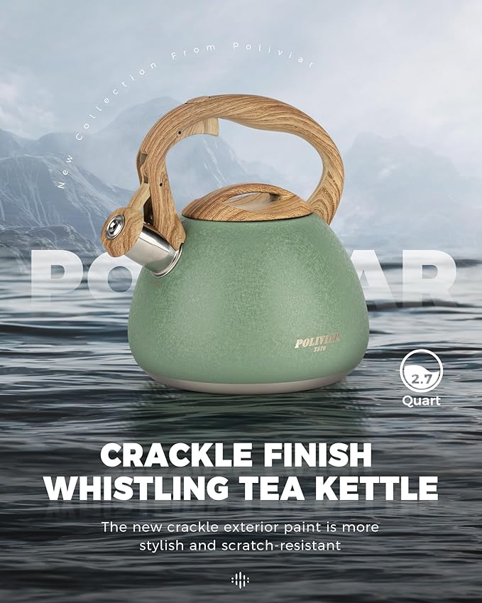 POLIVIAR Tea Kettle, 2.7 Quart Stovetop Tea Kettle, Audible Whistling Teapot with Crackle Finish, Food Grade Stainless Steel for Anti-Rust, Anti Hot Handle, Suitable for All Heat Sources (JX2023-LRG) - Bloomnest