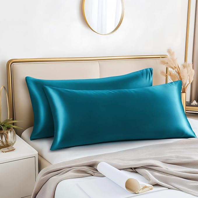 BEDELITE Satin Body Pillow Cover 2 Pack, Super Soft and Cooling Body Pillow Pillowcase for Hair and Skin, Breathable Silky Full Long Pillowcase Cover(20"x54", Teal) - Bloomnest