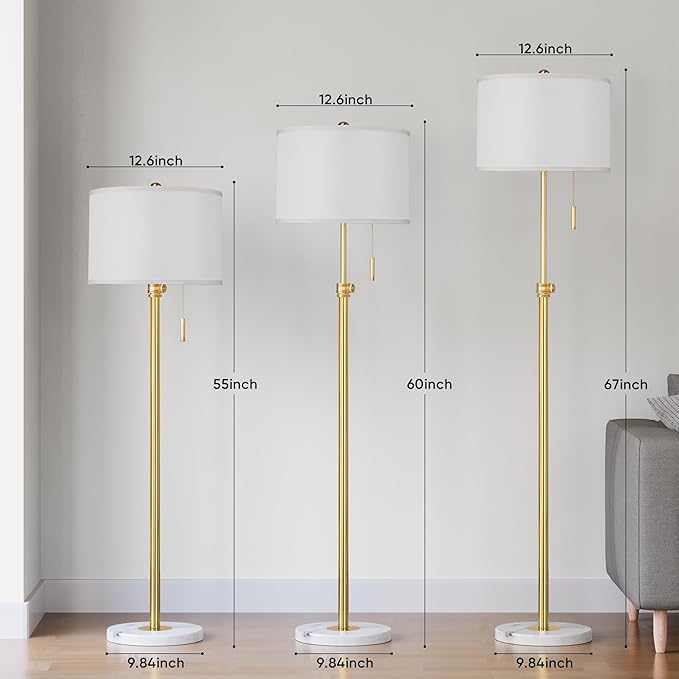 PARTPHONER Floor Lamp for Living Room, 66'' Adjustable Height Standing Lamp with Marble Base, 3-Color Tall Lamps with Pull Chain, Suitable for Bedroom, Reading, Office (Bulb Included, White Shade) - Bloomnest