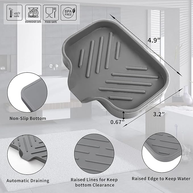 Silicone Bathroom Soap Dishes with Drain Spout-Bathroom and Kitchen Sink Organizer,Sponge Holder,Dish Soap Tray,Perfect for Dispenser,Scrubber,Bottle,Cup on Sink or Counter-Grey 4.9"×3.2" - Bloomnest
