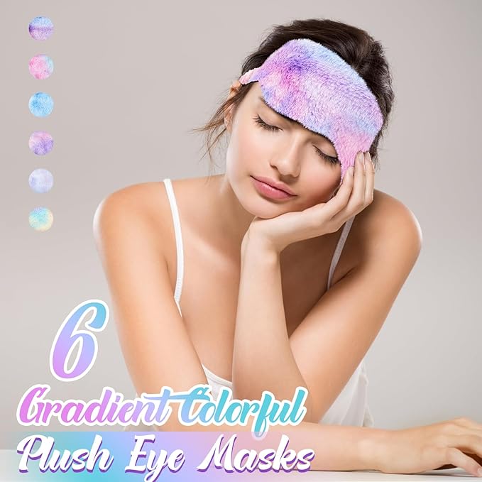 Cuffbow 6 Pcs Plush Sleep Eye Mask Silk Furry Eye Covers for Sleeping Cute Sleep Mask Fluffy Comfortable Sleeping Blindfold for Travel Sleepover Nap Party Supply Girls Women(Tie Dye,Rainbow) - Bloomnest