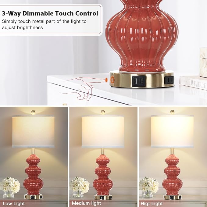 26" Triple Gourd Ceramic Table Lamps Set of 2,Modern Orange Bedside Lamps USB A+C Ports & AC Outlet -Ceramic Nightstand Lamps for Bedroom, 3 Way Touch Control Contemporary Living Room End Tables - Bloomnest