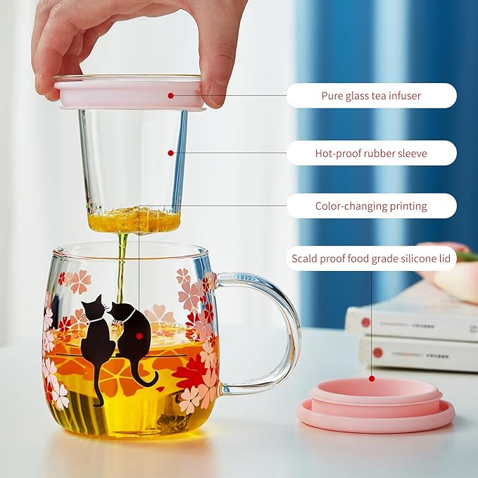 Glass Tea Cup with Infuser and Lid, 16.2oz/480ml Large Borosilicate Teacup,Tea Glass, Clear Mug for Loose Leaf Tea, Blooming Tea, Microwave & Dishwasher Safe - Tea Maker Gift for Birthday - Bloomnest