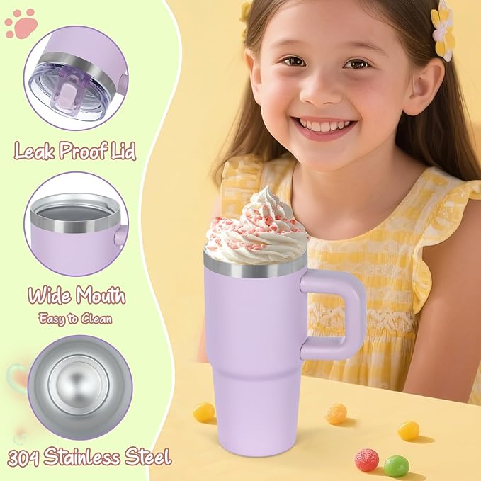 Cosictic 14 Oz Flip Straw Tumbler with Handle for Kids, Stainless Steel Double Wall Insulated Cup for Children with Flip Top Lid, 14 Oz Leak-proof Cups for Kids, Purple - Bloomnest
