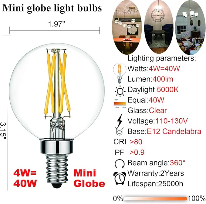 LiteHistory Dimmable e12 led Bulb g16.5 led Light Bulbs g16 Candelabra Bulbs 4W=40W Edison Bulb Daylight 5000K 400lm ac120v g50 Globe Light Bulbs for Chandelier,Vanity,Ceiling Fan Light Bulbs 6Pack - Bloomnest