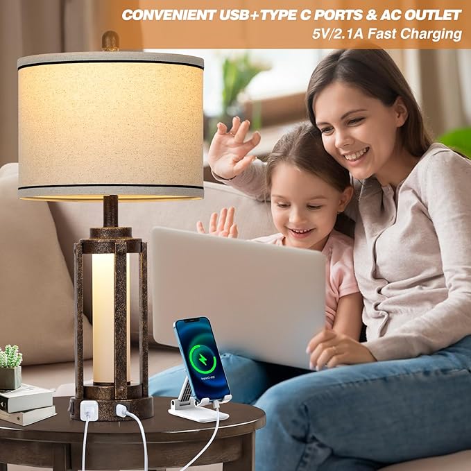 Farmhouse Industrial Lamp with USB A+C Charging Ports & AC Outlet, 26" Vintage Rustic Retro Table Lamp with Glass LED Night Light & Linen Fabric Shade for Living Room Bedrooms Single(2 Bulbs Included) - Bloomnest