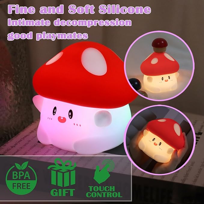 Mushroom Night Light with Squishy Soft Silicone, RGB Flashing Color, Dimmable Rechargeable Portable Touch Mushroom Gifts Decor for Girls Boys - Bloomnest