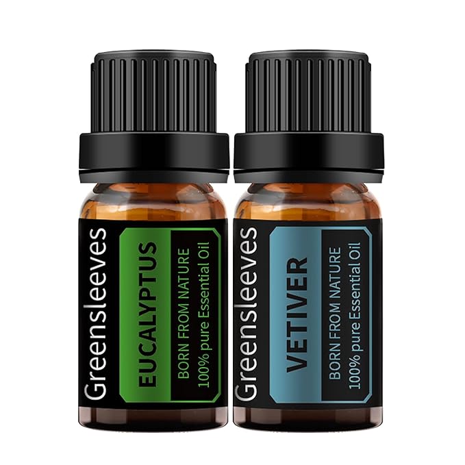 GREENSLEEVES Vetiver Eucalyptus Essential Oil Set, 2 x 10ml Pure Plant-Based Fragrance Oil for Aromatherapy, Essential Oils for Diffuser, Massage, Bath Bomb, Scented Candle Soap Making GREENSLEEVES