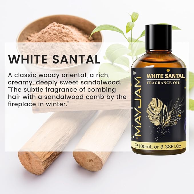 White Santal Fragrance Oil Essential Oil, MAYJAM 3.38FL.OZ White Santal Oil for Diffusers for Home, Long Lasting Scented Oils for Soap Candle Making - 100ML MAYJAM