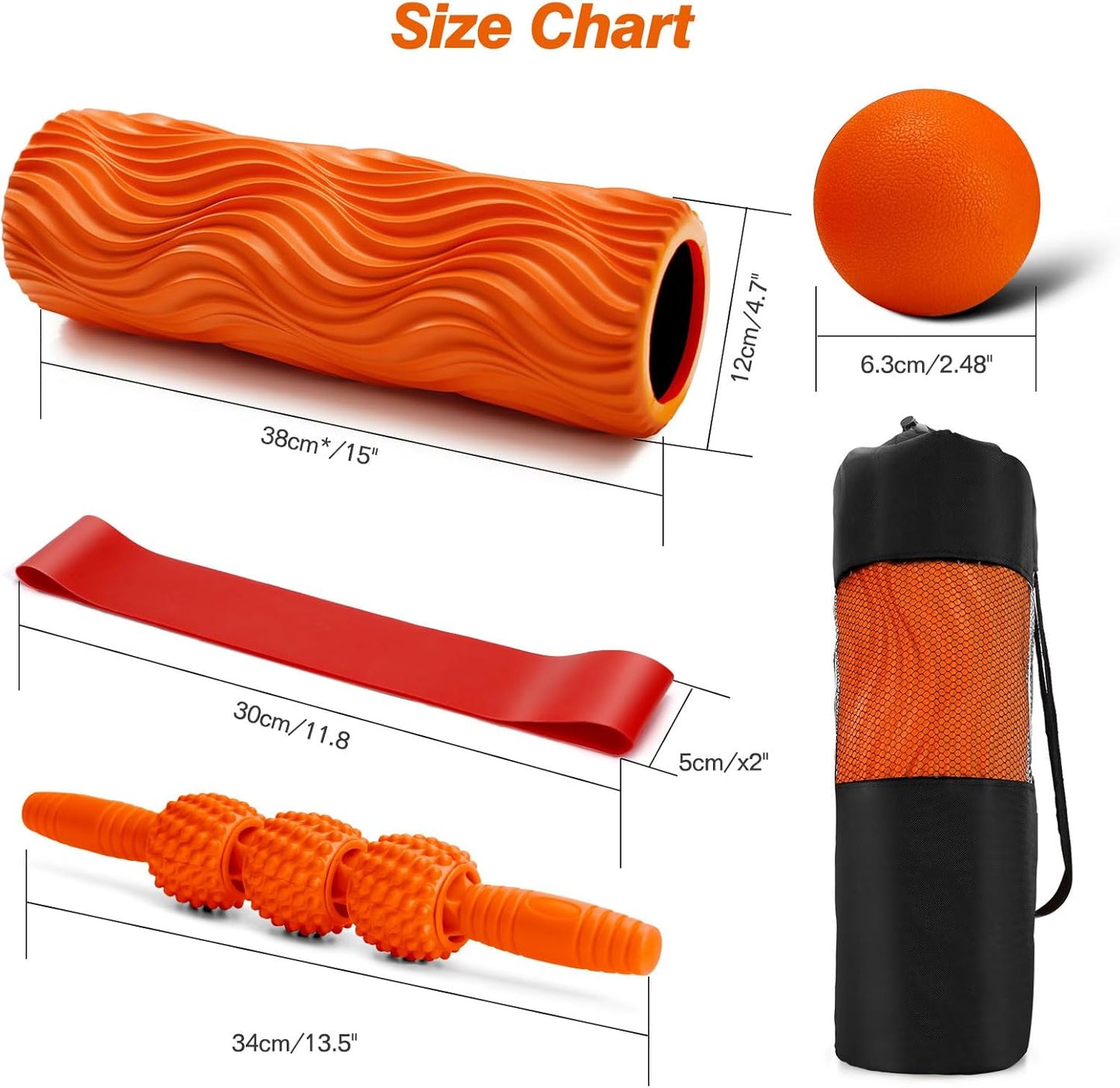 5 in 1 Foam Roller Set - Trigger Point Foam Back Roller, Muscle Roller Stick, Massage Ball, Stretching Band for Deep Muscle Massage Pilates Yoga,Fitness Exercise for Whole Body Release (Orange)