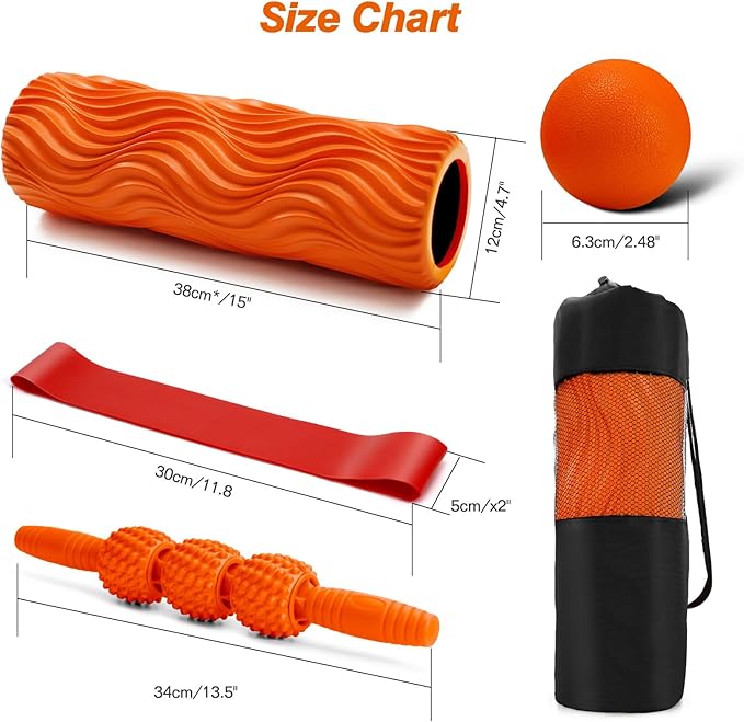 5 in 1 Foam Roller Set - Trigger Point Foam Back Roller, Muscle Roller Stick, Massage Ball, Stretching Band for Deep Muscle Massage Pilates Yoga,Fitness Exercise for Whole Body Release (Orange) - Bloomnest