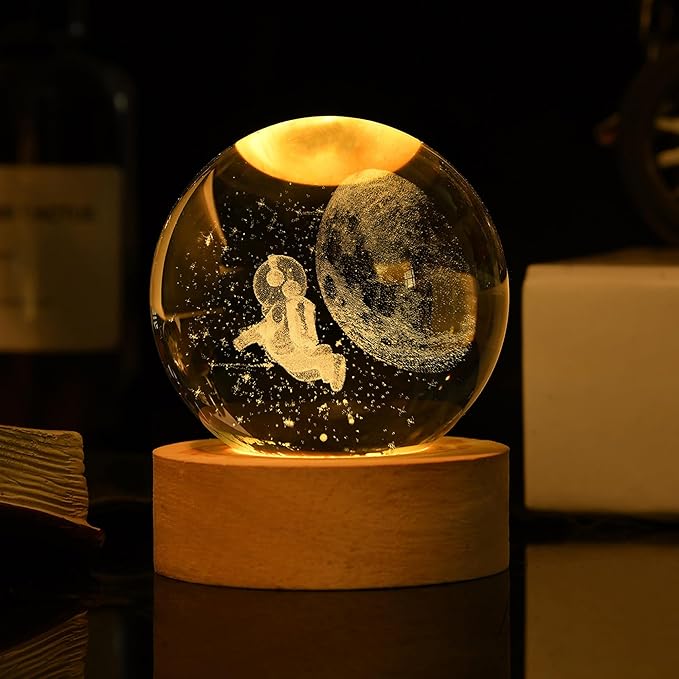 Astronaut Crystal Ball with LED Light Base, 60mm Glass Sphere Decorative Balls, Universe Space Galaxy Lamp Gifts - Bloomnest