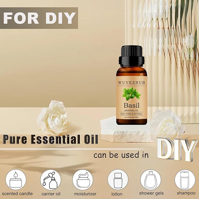 Basil Essential Oils 10ML, 100% Pure and Natural Essential Oil for Aromatherapy Diffuser - 0.33 Fl Oz/Basil WUVEZRUB