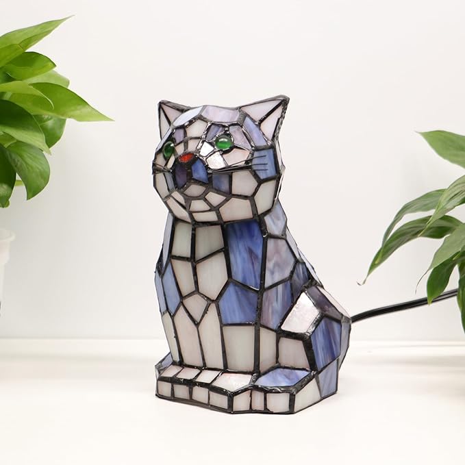 Tiffany Cat Lamp Blue and White Stained Glass Animal Table Lamp Accent Lamp - Bloomnest