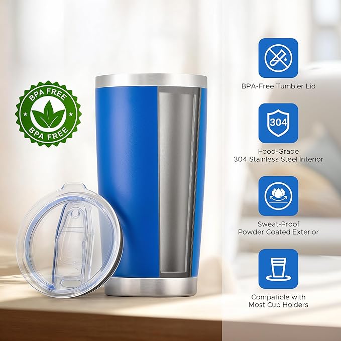 OMTech 20oz Tumblers Bulk, 12pc Stainless Steel Tumbler Set with Lid & Straw, Double Wall Vacuum Insulated Mug for Laser Engraver, Travel Coffee Mug for Hot & Cold Drinks, Navy Blue Powder Coated Cup - Bloomnest