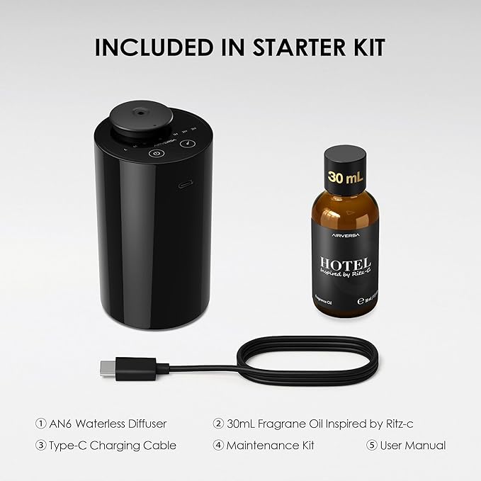 Airversa Waterless Essential Oil Diffuser Starter Kit with 30mL Hotel Fragrance Oil Inspired by Ritz-C., Battery Operated Car Diffuser, Portable Aroma Nebulizer for Home Car Office, AN6Kit-2, Black - Bloomnest