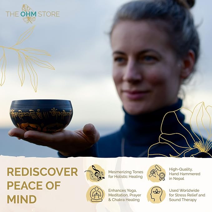 Sun in Moon Singing Bowl Set by Ohm Store — Black Etched Sound Bath Bowl Instrument — Unique, Handmade for Spiritual Healing, Reflection, Boho Décor, and Meditation - Bloomnest