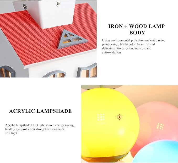 Kids House Shape Ceiling Light Colorful Balloon Wood Chandelier Cartoon House Shape with Acrylic lampshade Sputnik Ceiling Light for Girls Boys Kid's Bedroom (D16.5*H22.8IN (6 Light)) - Bloomnest