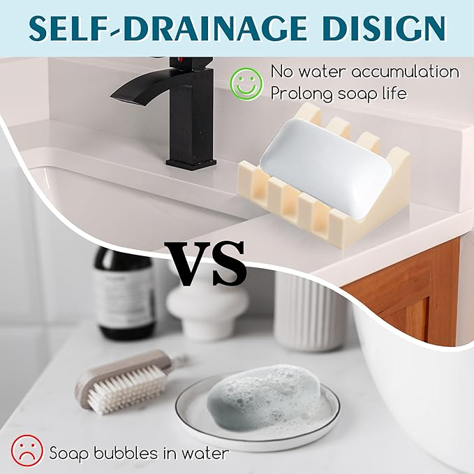 Silicone Soap Dish with Drain, Upgrade Double Suction Cups at The Bottom for Anti-Slip and Stability, Soap Dish Shower Waterfall Bar Soap Holder Tray with Drain Soap Holder (1, CreamWhite) - Bloomnest