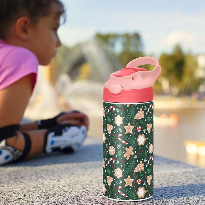 Christmas Gingerbread Snowflakes Kids Insulated Water Bottle, Toddlers Tumbler Travel Cup with Straw & Handle Stainless Steel Cup for Travel School Girls 12 oz - Bloomnest
