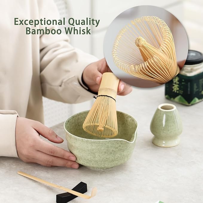 Matcha Set, Japanese Tea Set Includes Matcha Bowl with Spout, Matcha Whisk Holder, Bamboo Matcha Whisk and Bamboo Scoop, 17 oz Mottled Green Glaze Ceramic Matcha Kit for Tea Lovers - Bloomnest