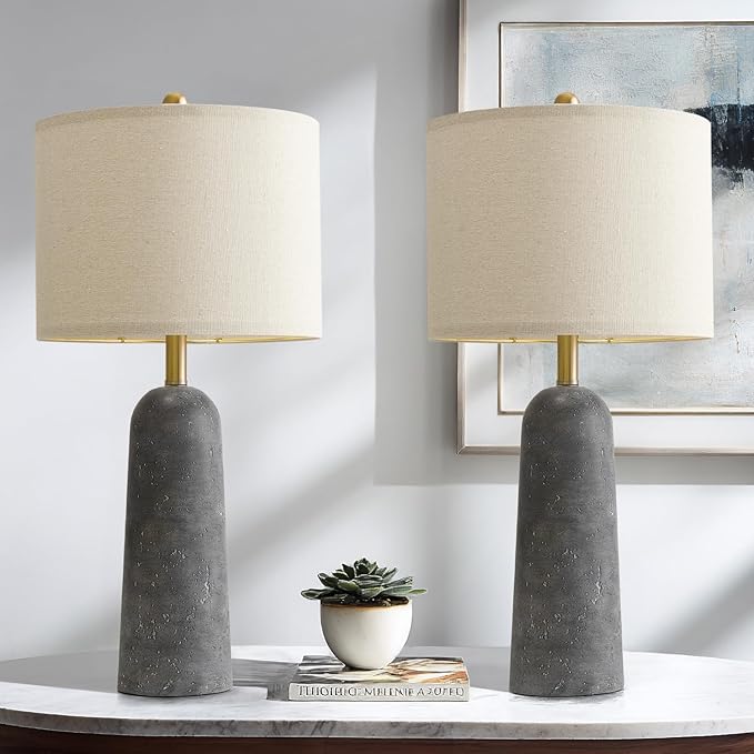 BOBOMOMO 27.25" Modern Table Lamp Set of 2, Gray Resin Lamp with Natural Stone Look, Travertine Lamps for Living Room with Linen Shades, Nightstand Lamp for Bedroom, Living Room, Entryway - Bloomnest